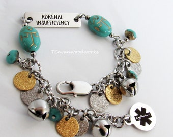 Adrenal Insufficiency id stainless bracelet jingle bell disc charm glass Egyptian scarab beetle theme Addison's Disease cortisone dependent