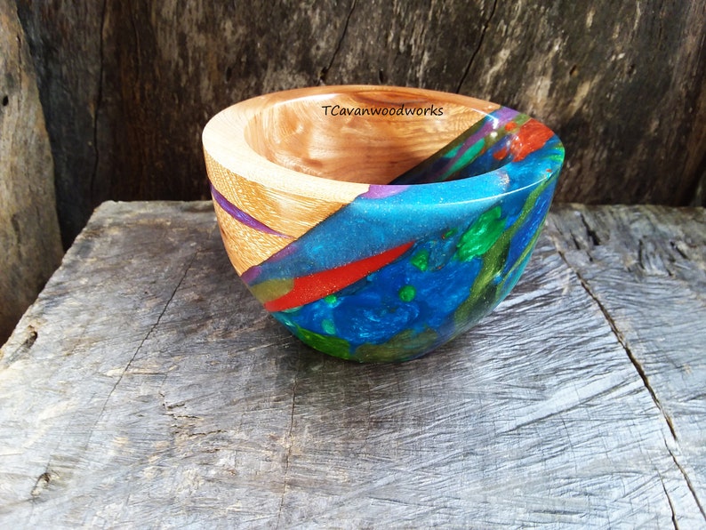 Small Resin Wood bowl hand turned inlaid multi colored epoxy Etsy