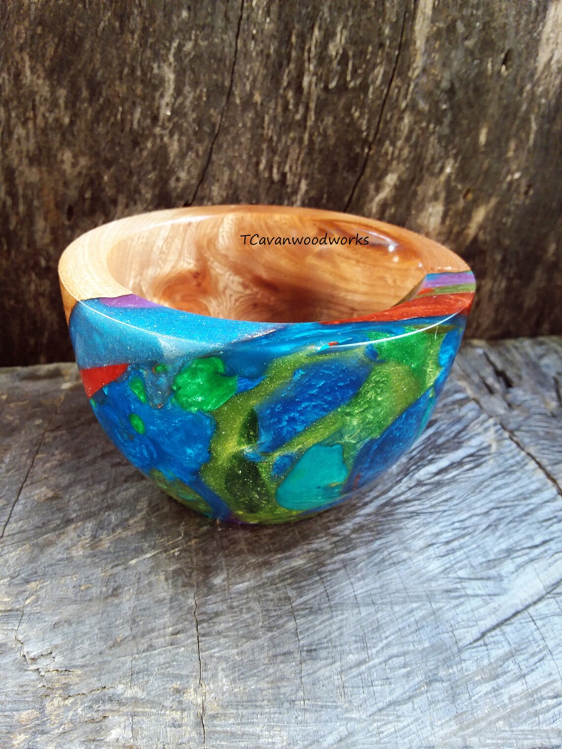 Small Resin Wood bowl hand turned inlaid multi colored epoxy Etsy