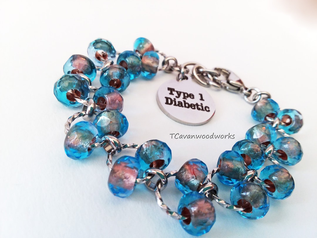 Type Diabetic Medical Alert Id Bracelet, Aqua Blue Stainless