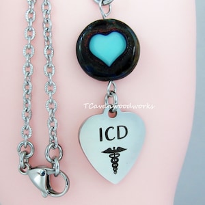 ICD medical alert id necklace stainless Turquoise blue Czech glass heart coin ICD jewelry gifts heart patient medical id&#39;s ICD charm alert