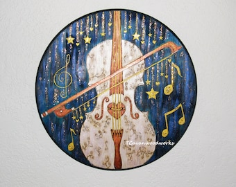 Celestial stars Violin Cello painting on wood hearts stars Violin Art Violinist gifts Cello gifts Pyrography paintings White Violin Painting