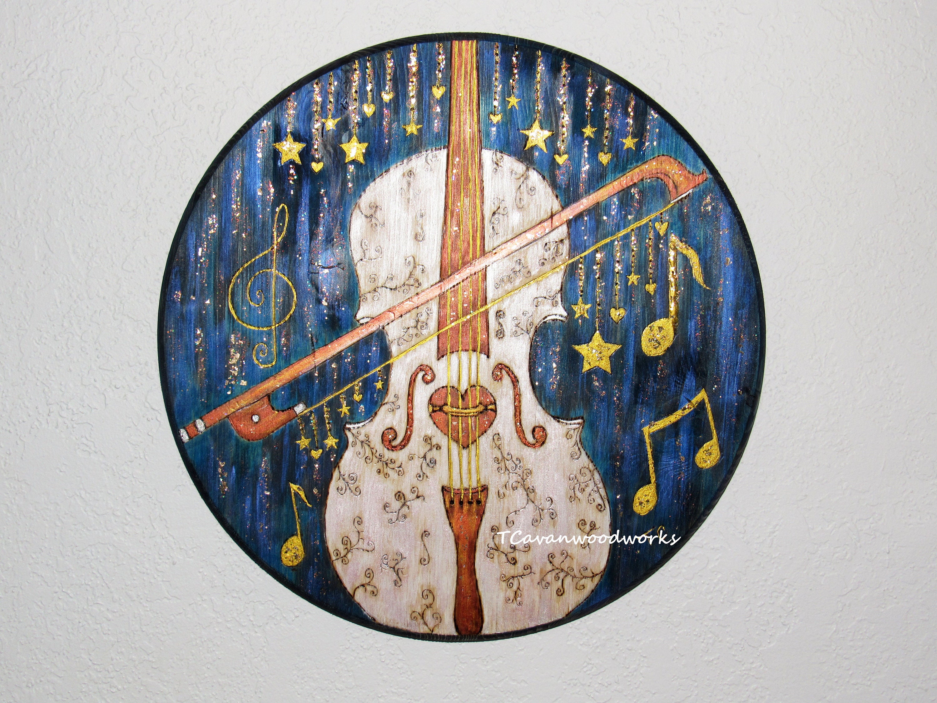 アート・デザイン・音楽 ORCHESTER PROBESPIEL VIOLONCELLO Celestial Stars Violin Cello Painting on Wood Hearts Stars Violin