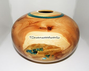 Hand turned wood hollowform sparkling ice blue glass and aqua teal resin inlays wood bowl art resin unique sculpture wood anniversary gifts