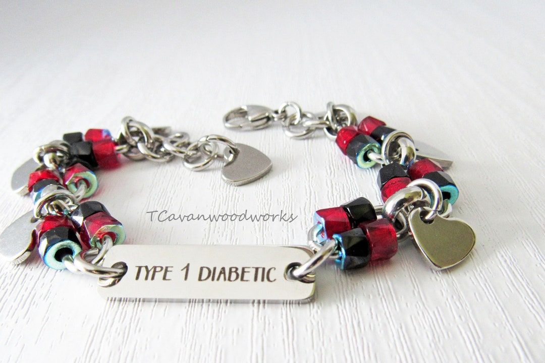 Type 1 Diabetic Id Bracelet Red and Black Glass Beads Stainless Heart