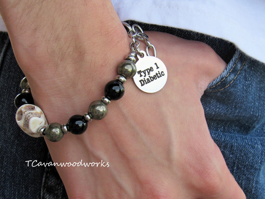 Mens Type One Diabetic Bracelet, Mens Skull Black Onyx Bracelet