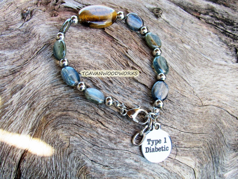 MENS TYPE ONE Diabetic medical alert bracelet stainless non tarnish tiger eye and onyx gemstones t1d medical alert type 1 diabetic bracelet
