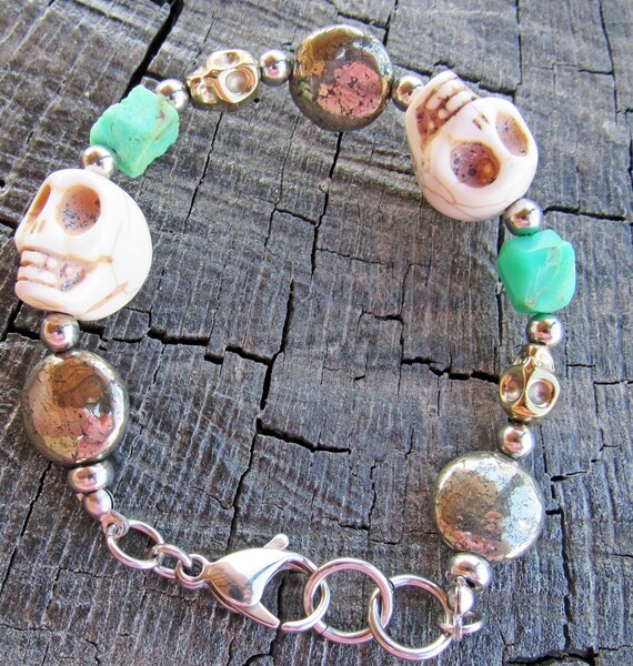 mens skull bracelet, pirate gold bracelet, fools gold, gold coins, salty men,Pirate bracelet , nautical mens jewelry chrysoprase gemstones