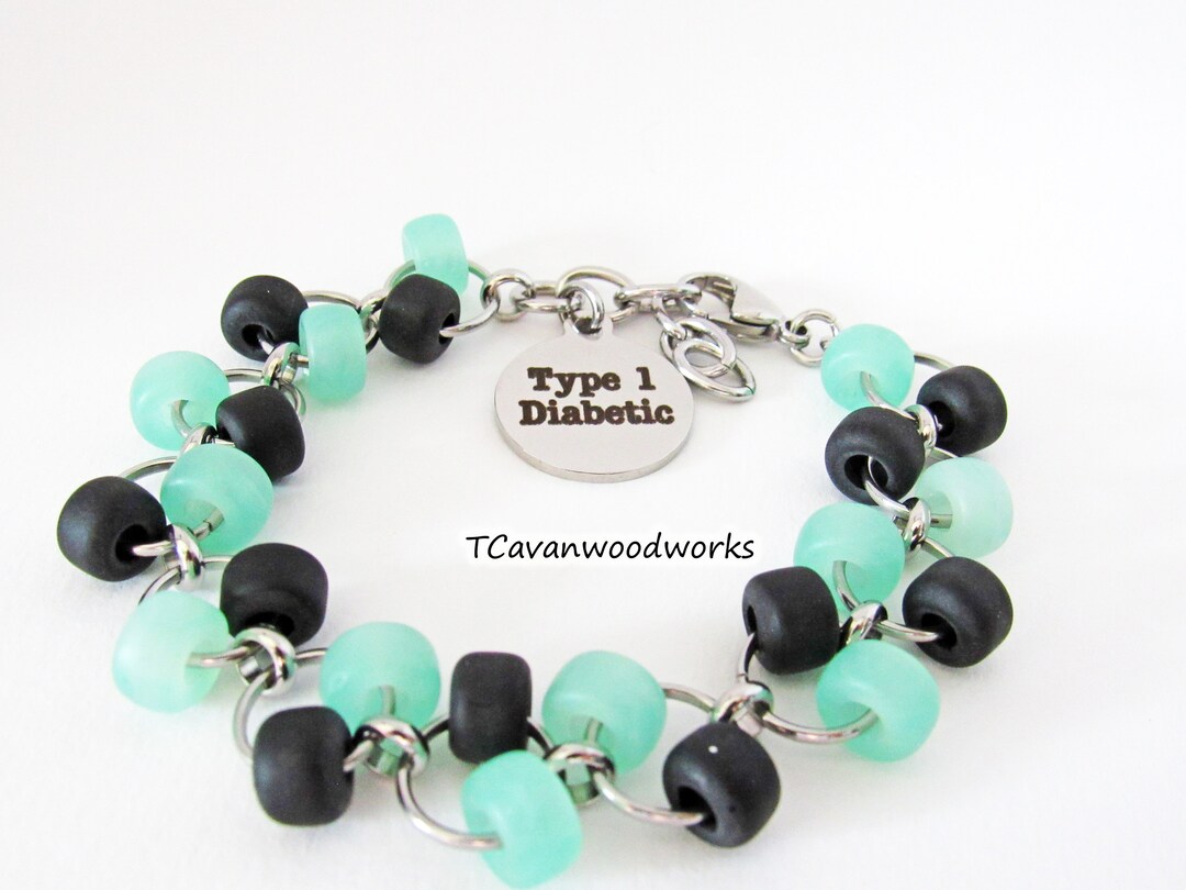 Mens Type Diabetic Medical Alert Bracelet, Mint Green and Black