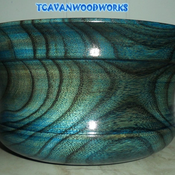 Wood Bowl Dyed Iridescent Blue with Natural Zebra Like Pattern Cracks Inlaid with Green Pearl Resin