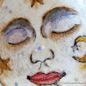 Celestial moon face wood slice ornaments holographic stars moon face wood art moon face gifts astronomer gifts pyrography art primitive moon