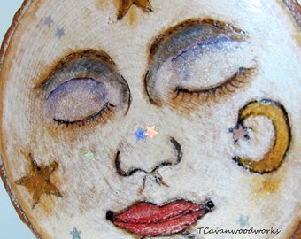 Celestial moon face wood slice ornaments holographic stars moon face wood art moon face gifts astronomer gifts pyrography art primitive moon