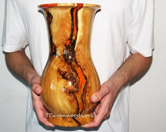 Resin wood art sculpture vase / vessel Colorful multicolored  orange gold resin inlays resin inlaid wood vase wedding gift anniversary gift