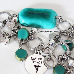 Gastric bypass medical id bracelet stainless charm bracelet teal dyed agate slab gastric bypass id jewelry gastric bypass alert charm id