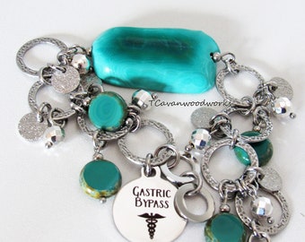 Gastric bypass medical id bracelet stainless charm bracelet teal dyed agate slab gastric bypass id jewelry gastric bypass alert charm id