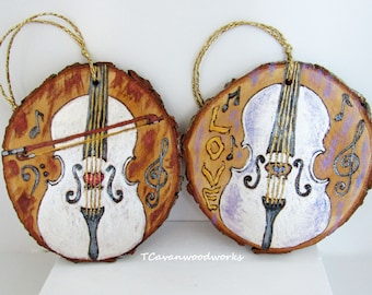 Violin / Cello wood ornaments wood burning art cello ornament violin ornaments wood slice painting cellist gifts violinist gifts pyrography