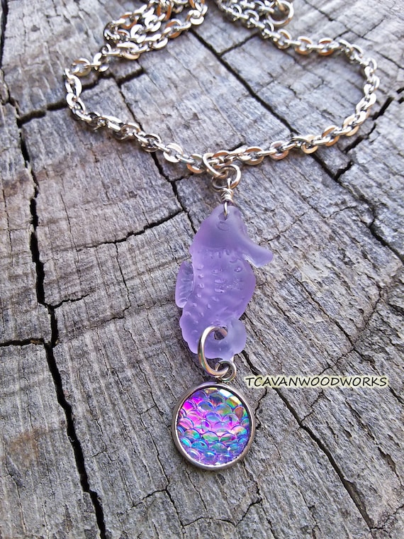 Seahorse Ocean Blue and Purple Resin Charm Pendant Necklace