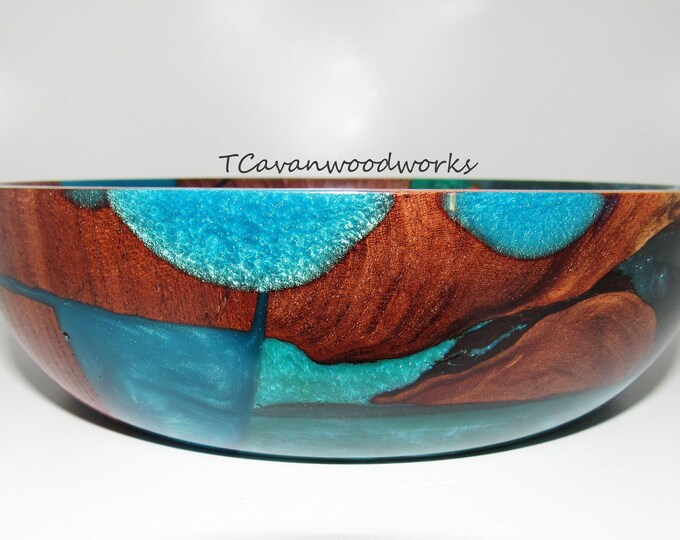 Wood Turned Bowl Resin Inlay Blues, Greens Chocolate Brown Mesquite