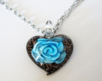 Blue rose heart shaped glass pendant Valentine's heart rose gift blue rose gift heart jewelry gifts blue rose necklace rose heart statement