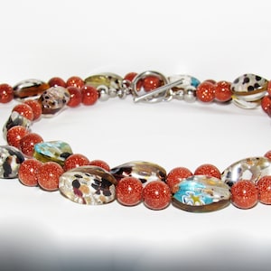 Copper Goldstone beaded necklace foil glass italian milliefiori beads Sparkling goldstone necklace Copper Leopard design beads