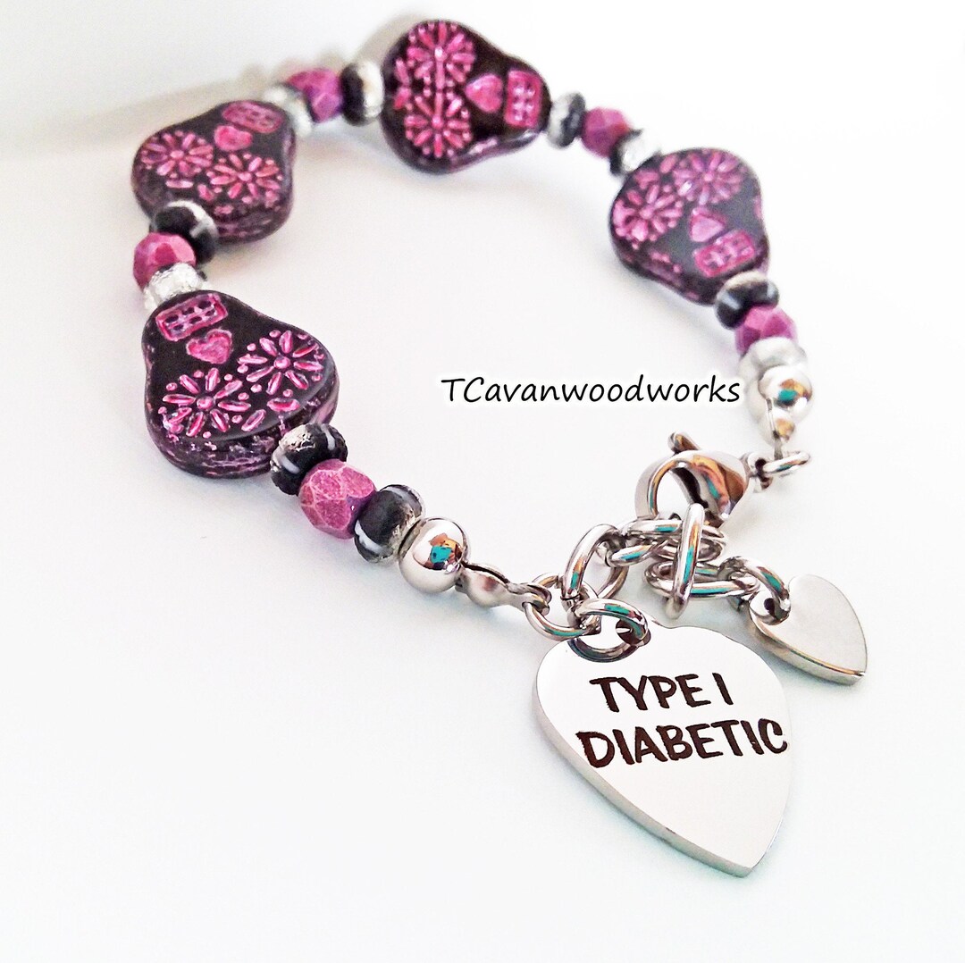 Diabetic Bracelet Type 1 Diabetic Bracelet, Sugar Skull Flower Bracelet Type One Diabetic