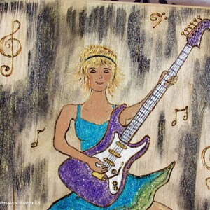 Guitar Player Art, guitarist painting, wood painting, pyrography, ballerina art, ballerina painting, electric guitar art, music note art