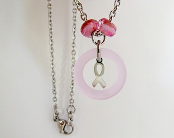 Breast Cancer Awareness necklace Infinity pink recycled glass circle and ribbon all stainless Breast Cancer survivor Breast Cancer warrior