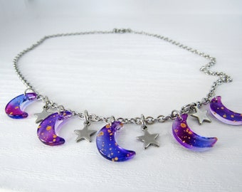 Crescent moon and stars charm necklace purple moons Celestial moon and stars charm jewelry astronomer moon lovers star charm necklace gifts