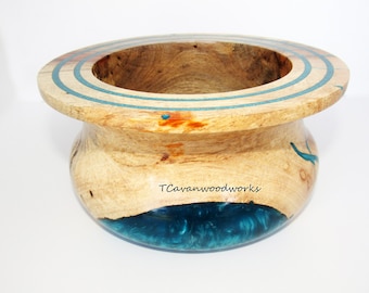 Turned wood bowl inlaid with ocean blue epoxy resin Blue circle design spalted figured wood grain wood and resin art bowl anniversary gifts