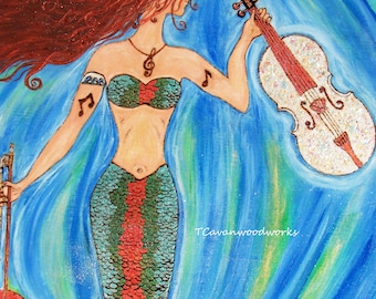 mermaid wood painting mermaid pyrography wall art mermaid decor violinist gifts mermaid violin painting violin mermaid art 100% hand painted