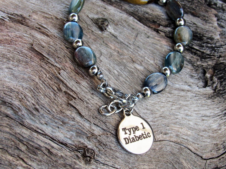 MENS TYPE ONE Diabetic medical alert bracelet stainless non tarnish tiger eye and onyx gemstones t1d medical alert type 1 diabetic bracelet
