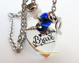 ALS Be Brave Heart arrow charm necklace als jewelry gift als warrior als fighter als ribbon charm necklace stainless Czech glass blue white