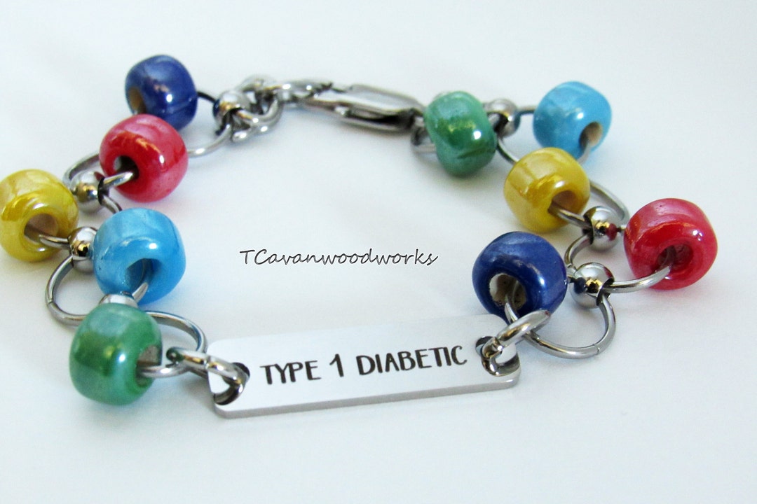 Type 1 Diabetic Bracelet Stainless Medical Id Stainless Colorful Glass Beads Type One Diabetes