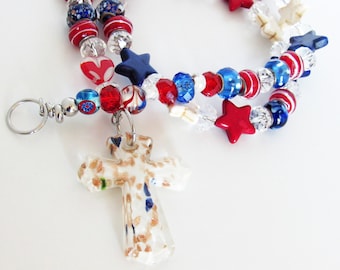 Patriotic Suncatcher red white blue stars glass beads stainless memorial military service gift sympathy gift soldier lampwork glass cross