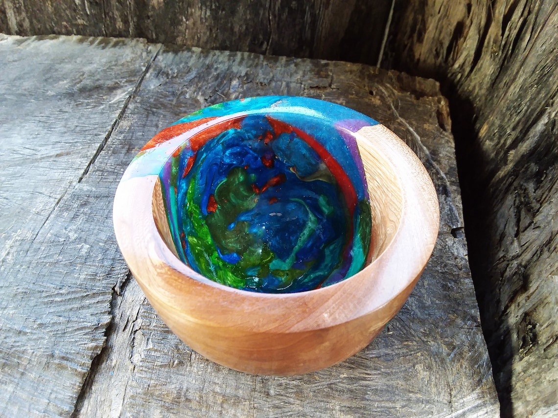Small Resin Wood bowl hand turned inlaid multi colored epoxy Etsy