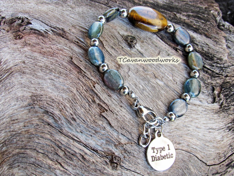 MENS TYPE ONE Diabetic medical alert bracelet stainless non tarnish tiger eye and onyx gemstones t1d medical alert type 1 diabetic bracelet