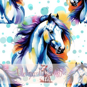 May include: A watercolour painting of a blue and white horse with a rainbow mane and tail. The horse is set against a white background with blue and yellow watercolour splatters.