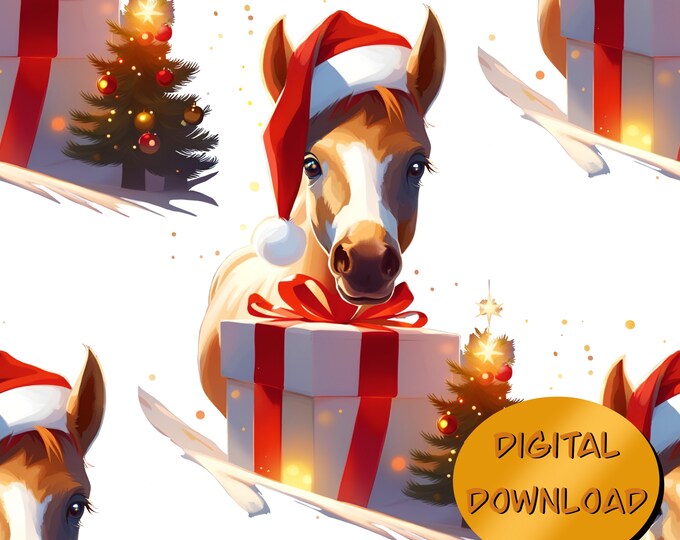 Christmas Foal with Red Santa Hat - Seamless Pattern
