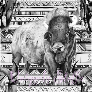 May include: Black and white illustration of a bison standing in front of a patterned background. The bison is facing the viewer with its head slightly tilted. The background is a repeating pattern of geometric shapes.