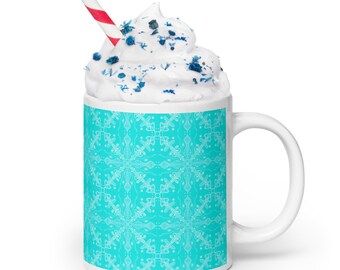 White and Turquoise Snowflake - White glossy mug