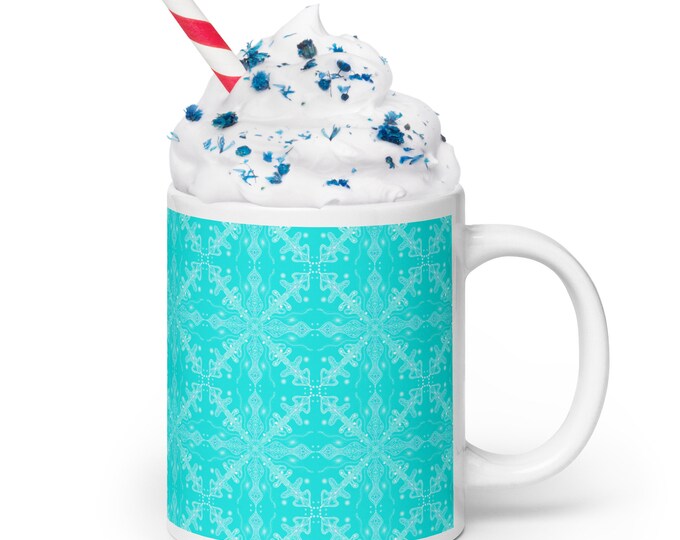 White and Turquoise Snowflake - White glossy mug