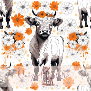 Cute Highland Cow #1 Transparent Background Seamless Pattern Country Floral, Tiling Pattern, Farm Animal Floral