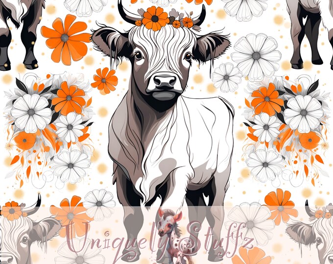 Cute Highland Cow #1 Transparent Background Seamless Pattern Country Floral, Tiling Pattern, Farm Animal Floral