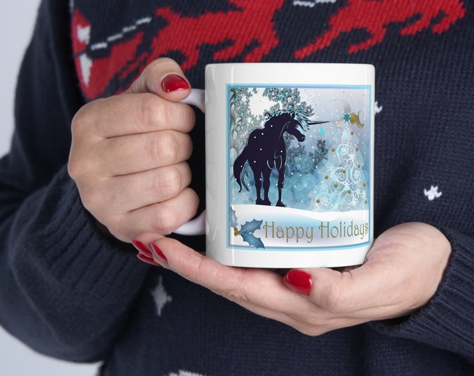 Happy Holidays ~ Unicorn Ceramic Mug 11oz