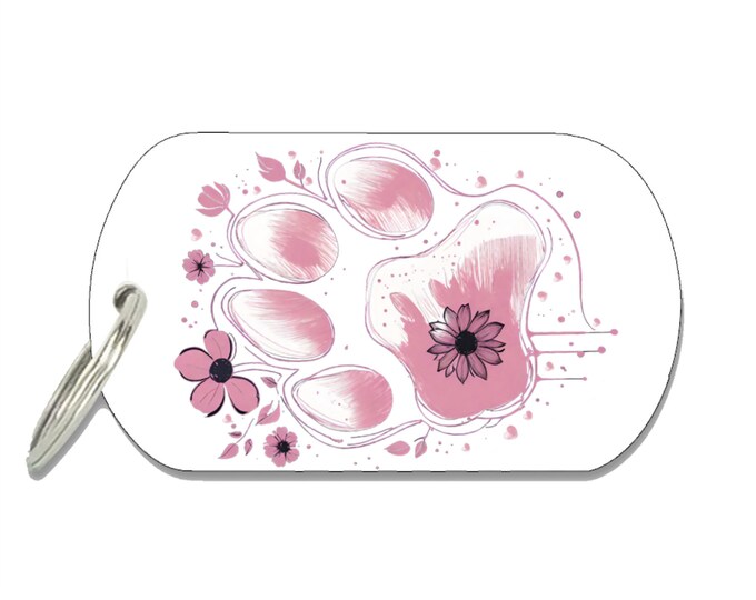 Pink Flowered Paw Print Microchipped - Dog Tag