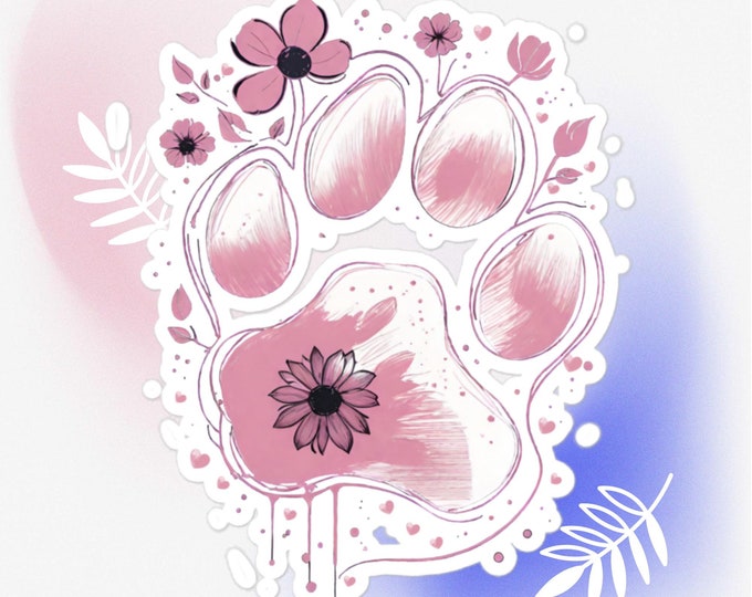 Pink Flowered Dog Paw with Hearts Bubble-free stickers