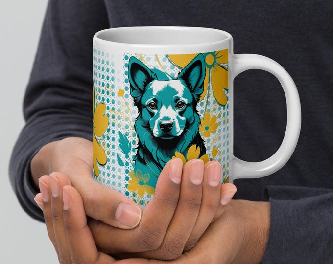 Cute dog with yellow flowers - White glossy mug
