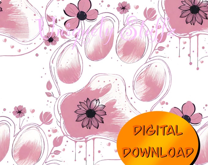 Pink Flowered Paw Print - Seamless Pattern