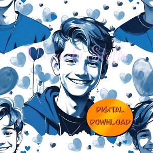 Può includere: Uno schema senza cuciture con un'illustrazione in blu e bianco di un giovane uomo con un viso sorridente. Lo sfondo è pieno di cuori e palloncini blu. Il testo "DOWNLOAD DIGITALE" è in un cerchio giallo.
