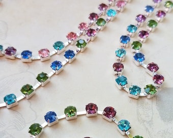 Rhinestone chain multi color 4mm brilliant high quality Crystal Rhinestone Chain silver plate finish-jewelry makers  Kiowa Rose KR300 4mSLVR